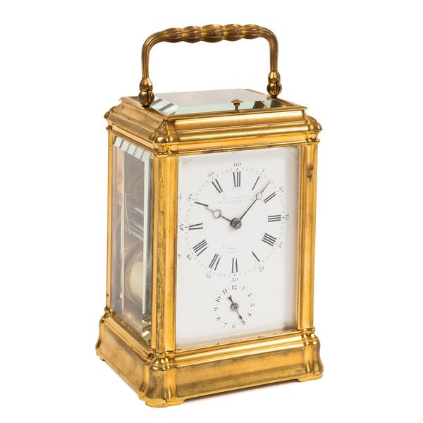 A FRENCH GILT-BRASS GORGE CASED PETITE SONNERIE STRIKING AND REPEATING CARRIAGE CLOCK