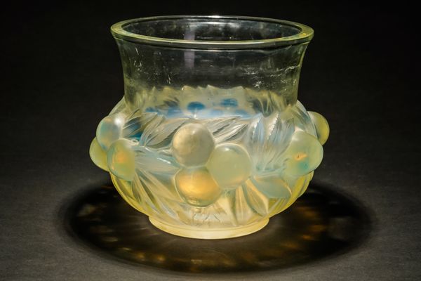 `PRUNES'. A LALIQUE CLEAR, OPALESCENT AND BLUE STAINED GLASS VASE