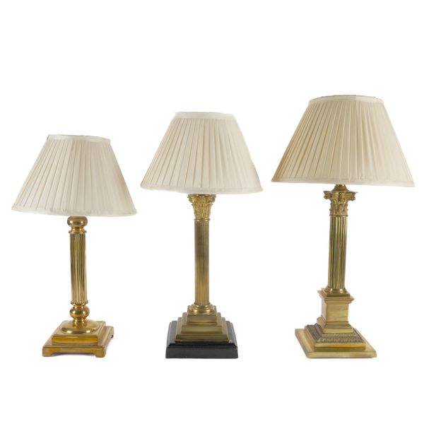 THREE BRASS CORINTHIAN COLUMN TABLE LAMPS (3)
