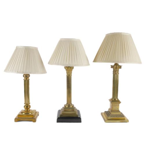 THREE BRASS CORINTHIAN COLUMN TABLE LAMPS (3)