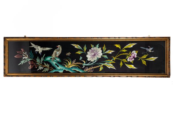 A SOUTH EAST ASIAN EMBROIDERED FRIEZE PANEL DEPICTING CHRYSANTHEMUMS AND BIRDS (2)