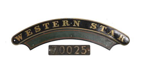 RAILWAY INTEREST, A LOCOMOTIVE NAMEPLATE ‘WESTERN STAR’ AND A SMOKEBOX NUMBERPLATE ‘70025’ (2)