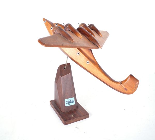 A MID 20TH CENTURY BEECH DESKTOP MODEL OF A SEA PLANE ON STAND