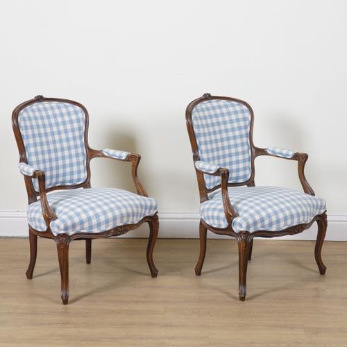 A PAIR OF LOUIS XV STYLE STAINED BEECH OPEN ARMCHAIRS (2)