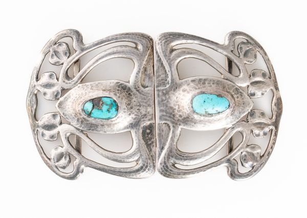 AN ART NOUVEAU SILVER AND TURQUOISE MATRIX TWO PIECE WAISTBELT BUCKLE