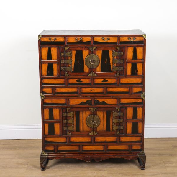 AN EARLY 20TH CENTURY KOREAN MORIJANG ELM AND FRUITWOOD TWIN SECTION CABINET ON STAND
