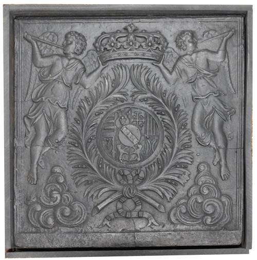 A FRENCH BAROQUE STYLE CAST-IRON FIRE BACK WITH COAT OF ARMS