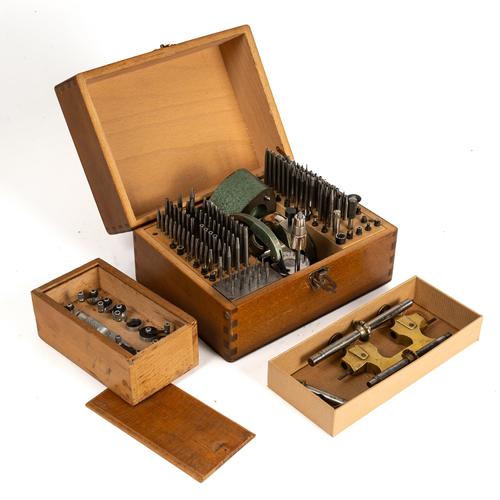 A CASED JACOT TOOL, A CASED WATCH MAINSPRING REMOVAL TOOL AND A BOLEY & LEINEN WOODEN-CASED STAKING TOOL