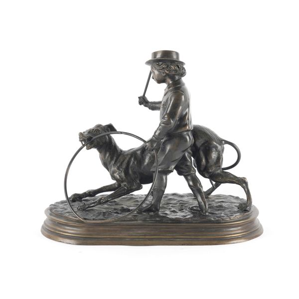 AFTER J MOIGNIEZ (FRENCH, 1835-1894): A BRONZE GROUP OF A BOY PLAYING WITH A GREYHOUND