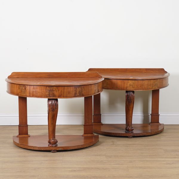 A PAIR OF VICTORIAN MAHOGANY DEMI LUNE CONSOLE TABLES (2)