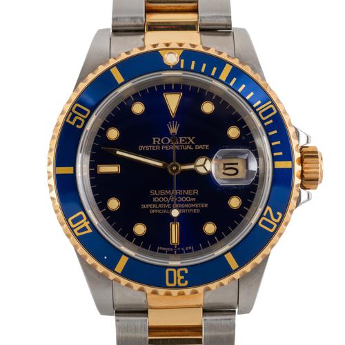 A ROLEX SUBMARINER BI-METAL BLUE DIAL AND GOLD REF: 16613