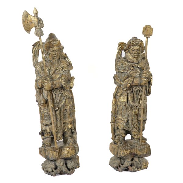 A PAIR CHINESE CARVED HARDWOOD FIGURES OF STANDING WARRIORS  (2)