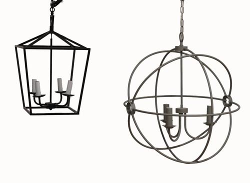 A GREY PAINTED METAL OPEN FRAME SPHERICAL HANGING LIGHT AND A BLACK SQUARE FRAME LANTERN (6)