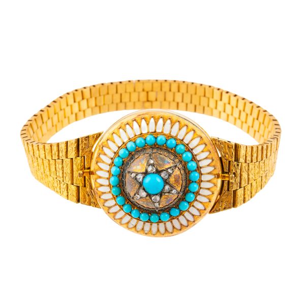 A VICTORIAN AND LATER TURQUOISE, DIAMOND AND ENAMEL BRACELET