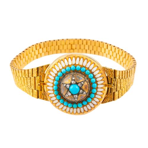 A VICTORIAN AND LATER TURQUOISE, DIAMOND AND ENAMEL BRACELET