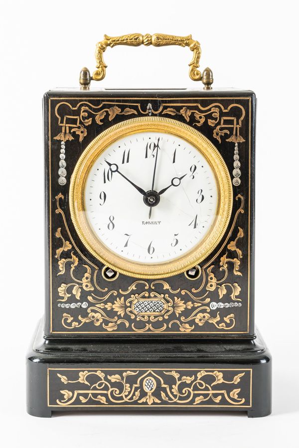 A LOUIS PHILIPPE EBONISED AND BRASS INLAID STRIKING TRAVELLING CLOCK WITH ALARM