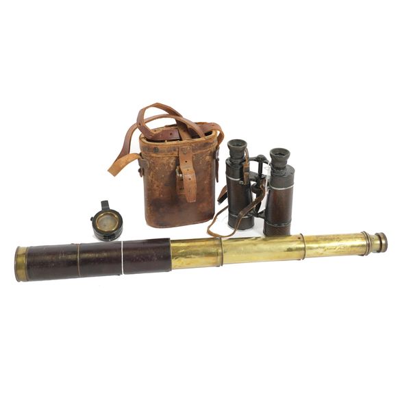 A HARRIS & SON FOUR DRAWER TELESCOPE, A CASED PAIR OF BUSCH BINOCULARS AND A PRISMATIC COMPASS (3)