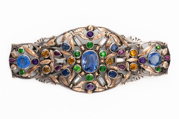 ARTS & CRAFTS SILVER & GOLD MULTI-GEMSTONE BROOCH