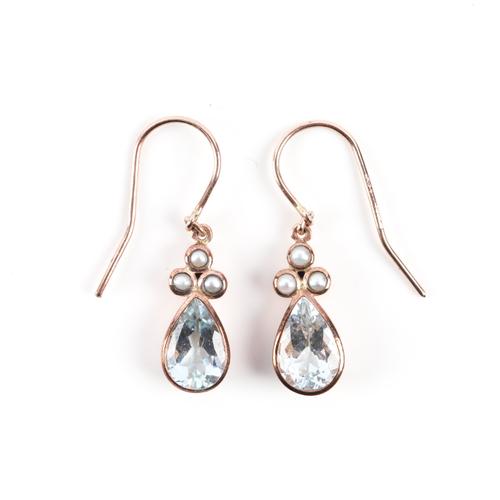 A PAIR OF 9CT ROSE GOLD, AQUAMARINE AND SEED PEARL DROP EARRINGS