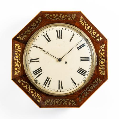 A REGENCY ROSEWOOD, BOXWOOD-OUTLINED AND CUT-BRASS INLAID OCTAGONAL DIAL CLOCK