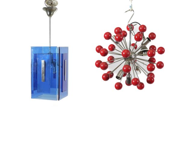 A RED ENAMEL AND CHROME PLATED SPUTNIK STYLE HANGING LIGHT TOGETHER WITH A BLUE GLASS LANTERN (2)