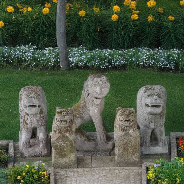 A PAIR OF EASTERN STYLE RECONSTITUTED STONE SEATED TEMPLE DOGS (5)