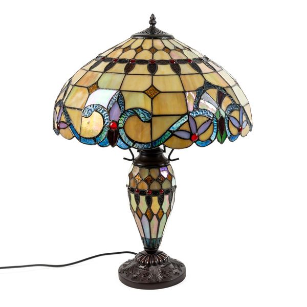 MINSTER STYLISH LIVING; A TIFFANY STYLE LEADED AND COLOURED GLASS TABLE LAMP