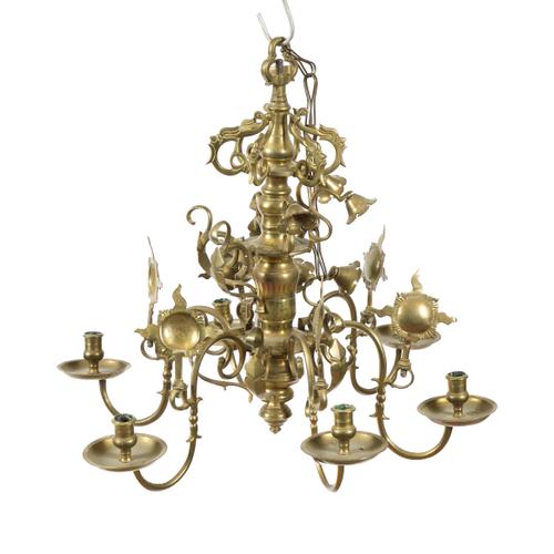 A FLEMISH BAROQUE BRASS SIX LIGHT CHANDELIER