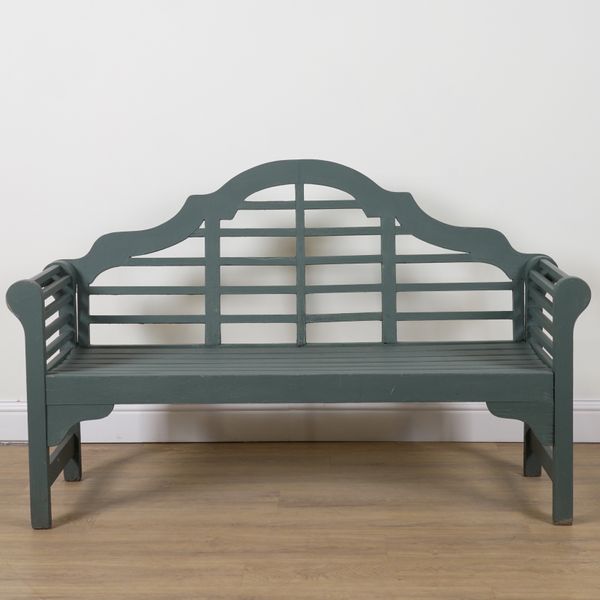 LUTYENS; A TEAL PAINTED HARDWOOD GARDEN BENCH