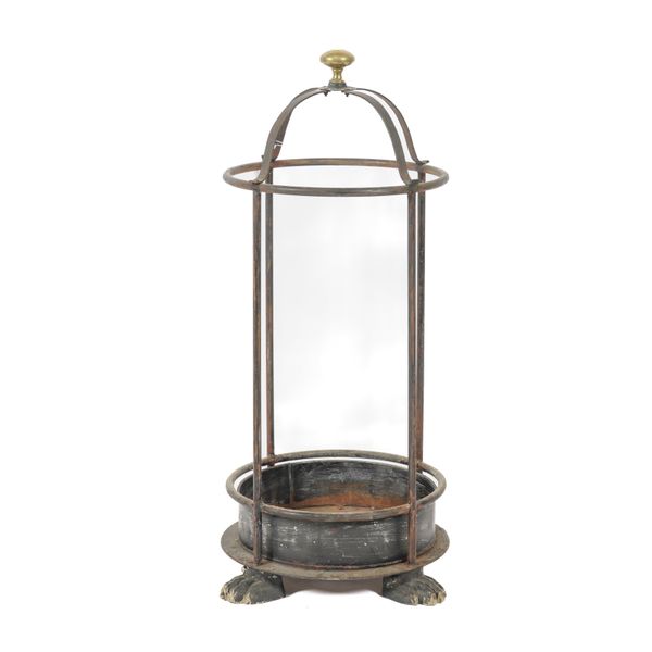 AN 18TH CENTURY STYLE CYLINDRICAL FRAMED CAST TUBULAR STEEL ALLOY UMBRELLA STAND
