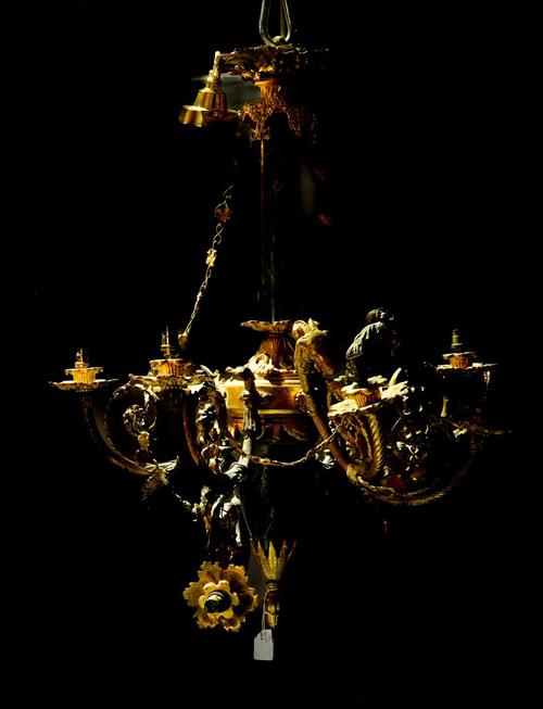 A PAIR OF LOUIS XVI STYLE GILT-METAL MOUNTED MARBLE EIGHT LIGHT CHANDELIERS (2)