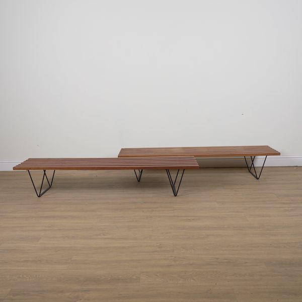 ROBIN DAY FOR HILLE; A PAIR OF MID 20TH CENTURY SLATTED TEAK BENCHES (2)