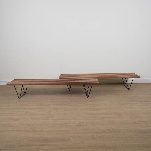 ROBIN DAY FOR HILLE; A PAIR OF MID 20TH CENTURY SLATTED TEAK BENCHES (2)