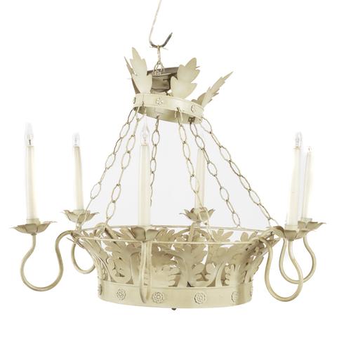 A FRENCH CREAM PAINTED TOLE SIX LIGHT HANGING CHANDELIER
