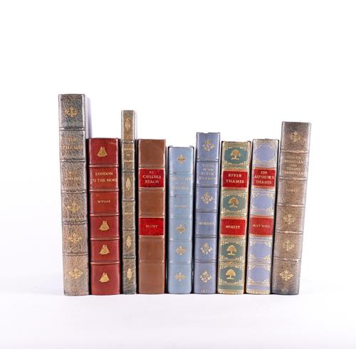 LONDON, THE THAMES - Walter G. BELL (1867-1942). The Thames from Chelsea to the Nore, London, 1907, 4to, mounted coloured frontispiece, 30 lithographed plates, morocco gilt. ONE OF 310 COPIES. With 8 other books of related interest, leather-bound. (9)