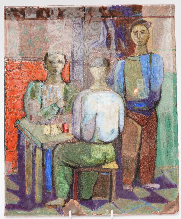 VIRGILIO BARRI (B.1928): AN ITALIAN ENAMEL PANEL ON COPPER OF CARD PLAYERS