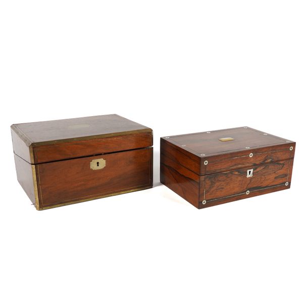 A BRASS INLAID MAHOGANY WRITING BOX AND A ROSEWOOD MOTHER-OF-PEARL AND BRASS INLAID TOILET BOX (2)