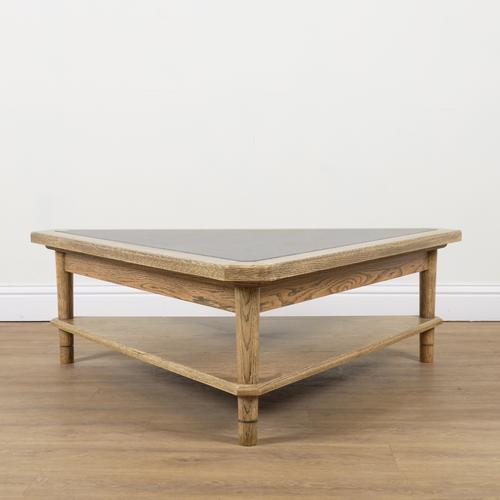 A MODERN OAK FRAMED TRIANGULAR TWO TIER COFFEE TABLE