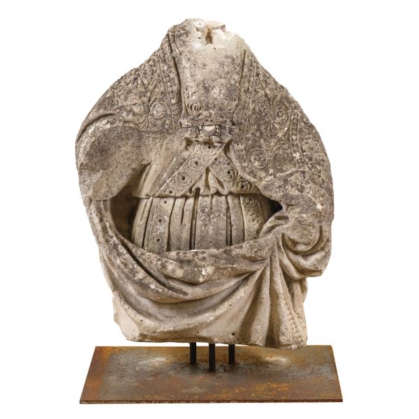 A FRENCH CARVED STONE BUST OF A ROBED FIGURE