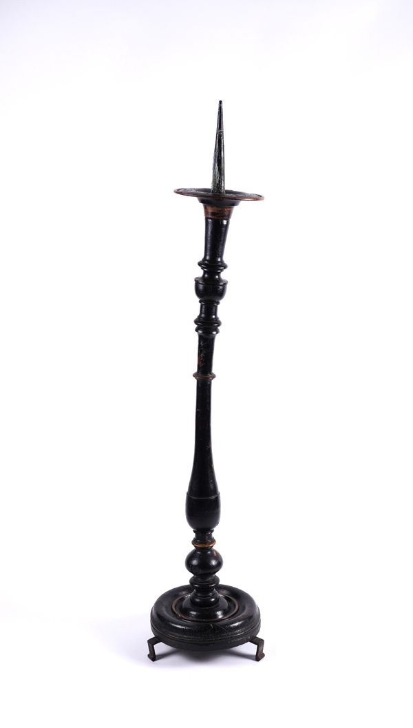 AN ITALAIN BLACK PAINTED PRICKET CANDLESTICK (3)