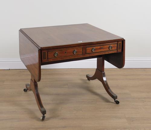 A GEORGE III COROMANDEL BANDED MAHOGANY TWO DRAWER SOFA TABLE