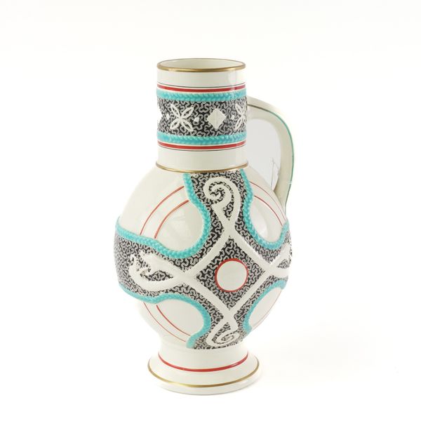 A TALL POWELL, BISHOP & STONIER EARTHENWARE EWER IN THE MANNER OF CHRISTOPHER DRESSER