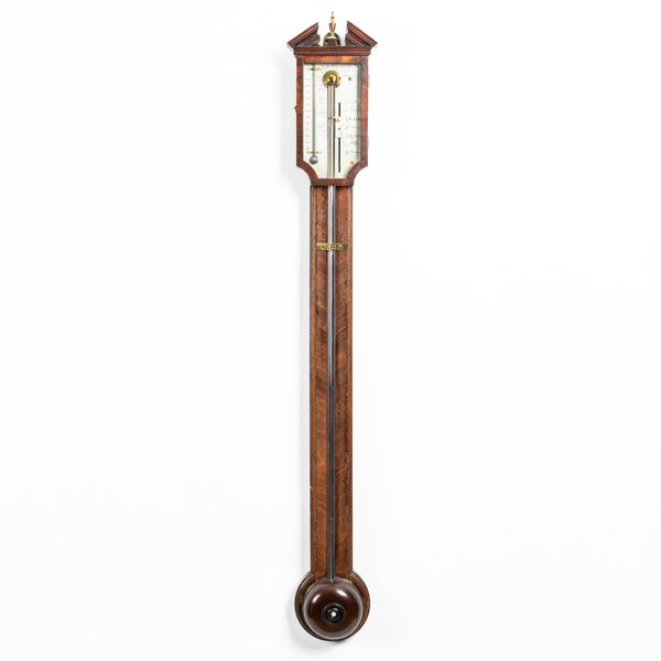 A GEORGE III MAHOGANY AND CHEQUER-STRUNG STICK BAROMETER
