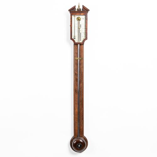 A GEORGE III MAHOGANY AND CHEQUER-STRUNG STICK BAROMETER