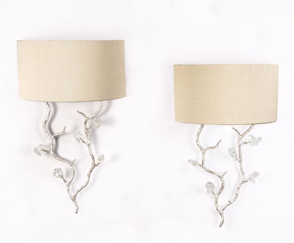 PORTA ROMANA: A PAIR OF SILVERED METAL AND GLASS MOUNTED BRANCH WALL LIGHTS (2)