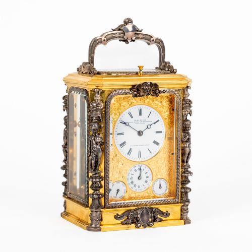 A VERY FINE AND RARE GILT AND SILVERED EXHIBITION PETITE SONNERIE, REPEATING CARRIAGE CLOCK WITH TRIPLE CALENDAR AND ALARM