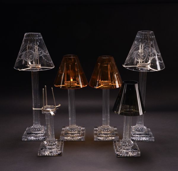 WILLIAM YEOWARD: A GROUP OF FIVE GLASS FLUTED COLUMN TABLE LIGHTS