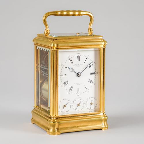 A GOOD GILT BRASS GRANDE SONNERIE STRIKING AND REPEATING GORGE CASE CALENDAR CARRIAGE CLOCK