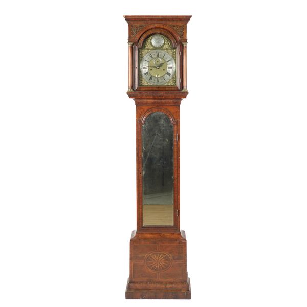 A GEORGE II WALNUT, BOXWOOD-OUTLINED AND ‘SUN-BURST’ INLAID MIRRORED-DOOR LONGCASE CLOCK