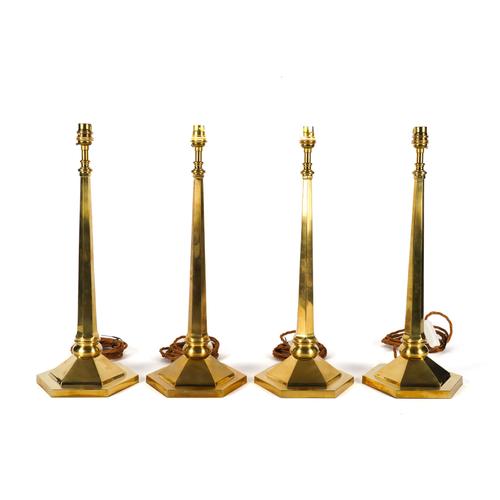 VAUGHAN DESIGNS: A SET OF FOUR POLISHED LACQUERED BRASS HEXAGONAL ‘CALSHOT’ TABLE LAMPS (4)